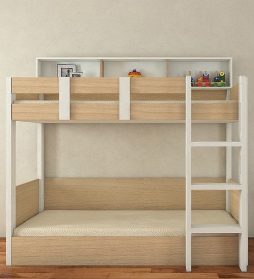Adona Carina Twin Bunk Bed with Front Right Ladder and Open Shelves Ivory - Canadian Maple