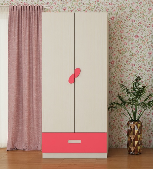 Adona Elanza 2-Door Kids Wardrobe with Drawer and Oval Handles Light Woodgrain -  Strawberry Pink