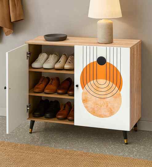 Adore 12 Pair Shoe Cabinet with Adjustable Shelf & Boho Print In Brown finish