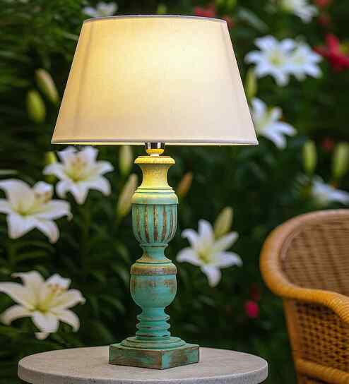 Adriana Off White Cotton Shade Night Lamp With Wood Base