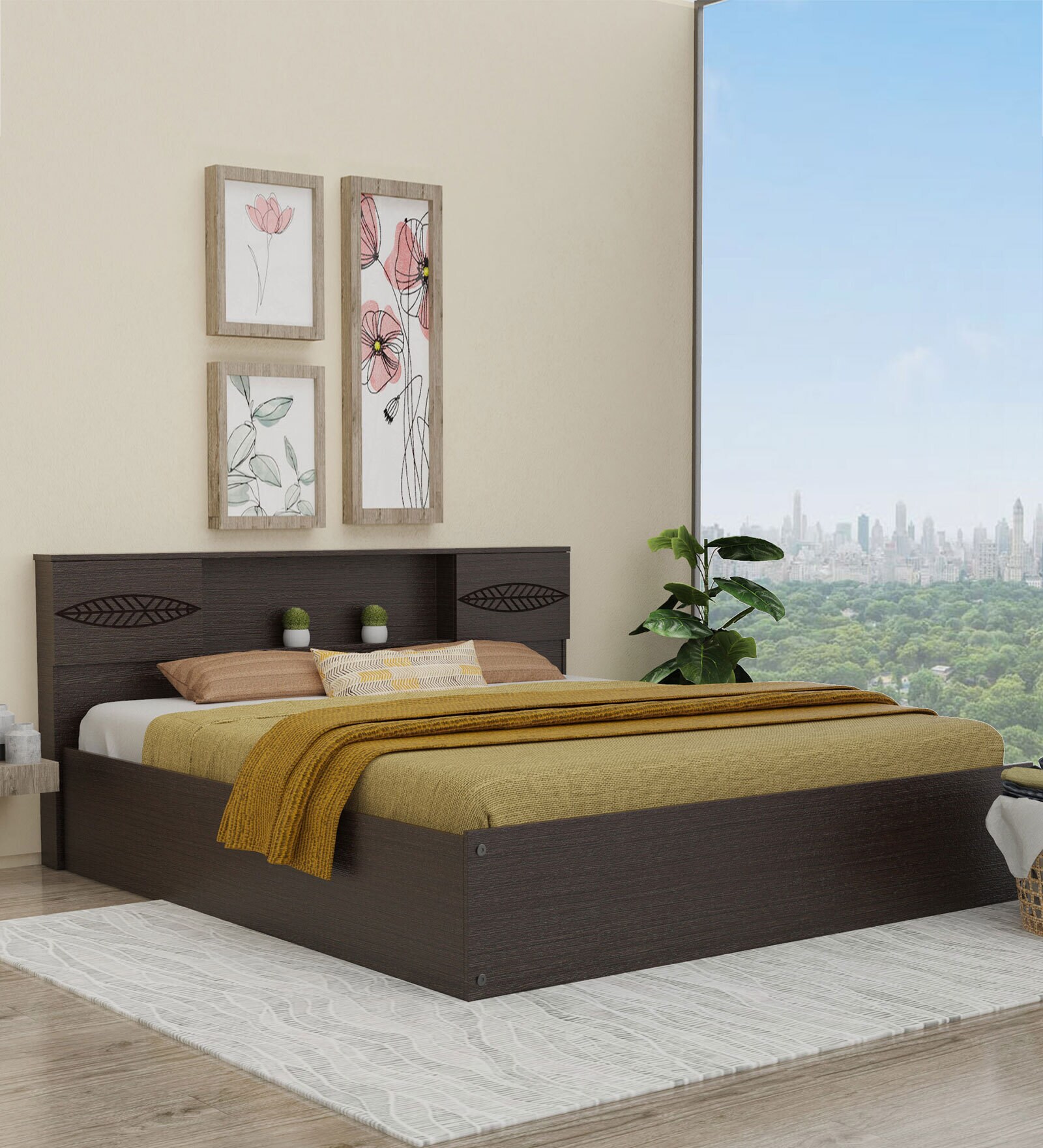 Aegiale King Size Bed With Box & 1 Bedside Table In Wenge Finish