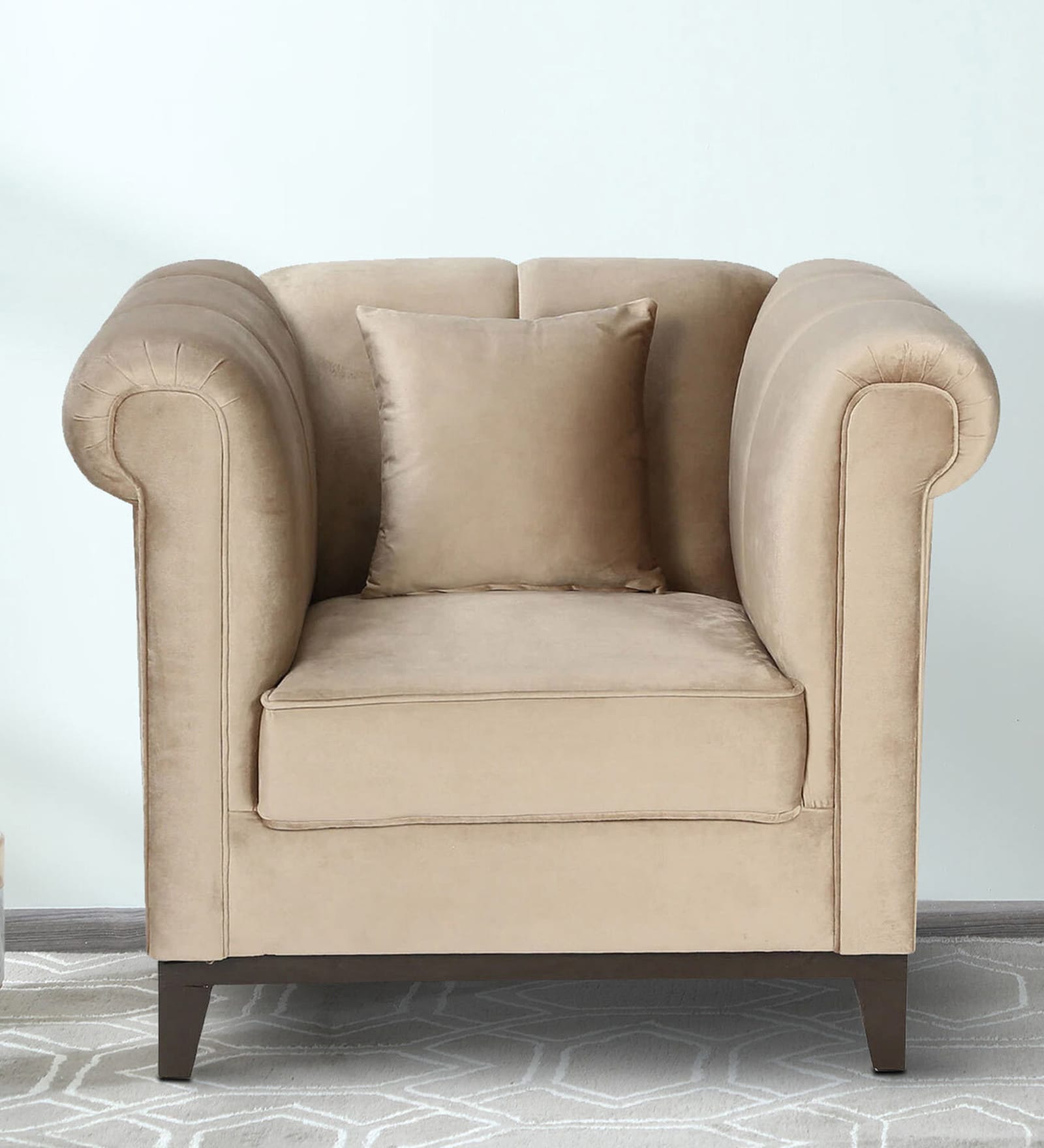 Aelber Velvet 1 Seater Sofa In Beige Colour