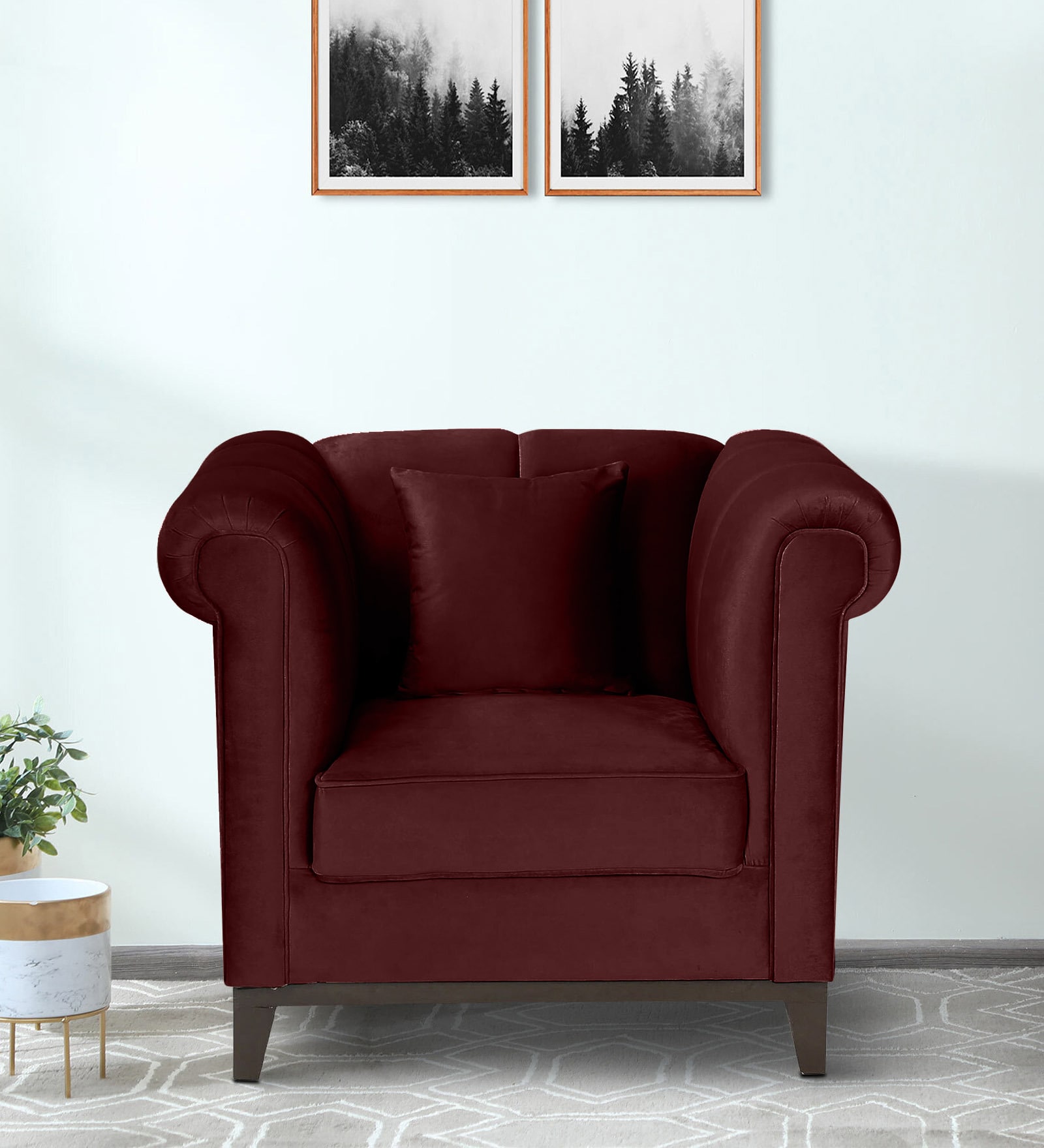 Aelber Velvet 1 Seater Sofa In Wine Red Colour