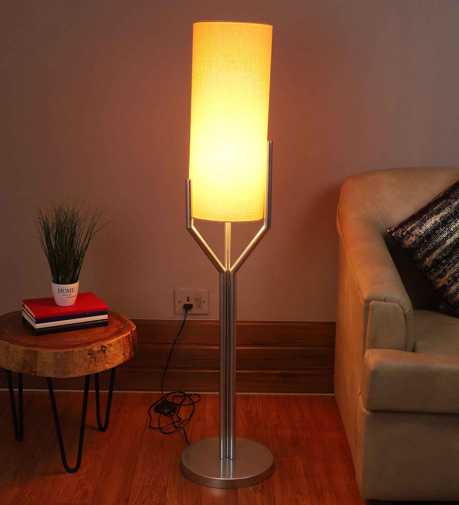 Aera Beige Fabric Shade Floor Lamp with Silver Base