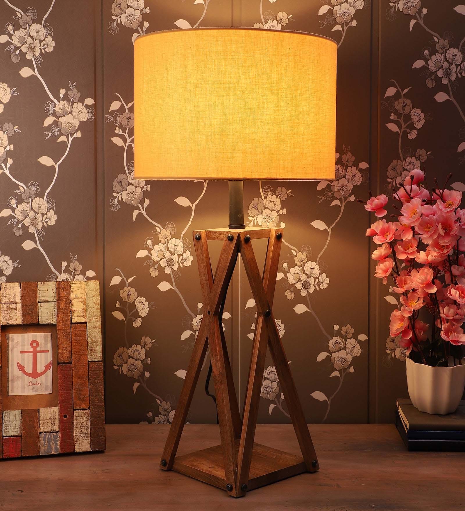 Aera Beige Fabric Shade Table Lamp with Natural Base -