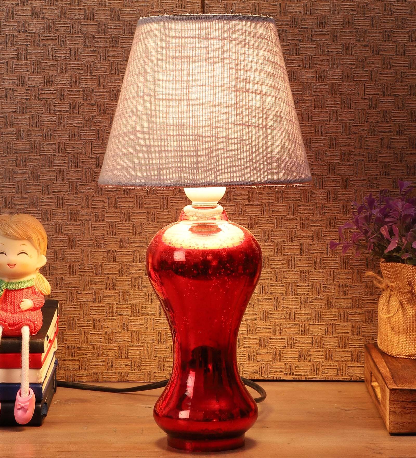 Aera Grey Fabric Shade Table Lamp With Red Base