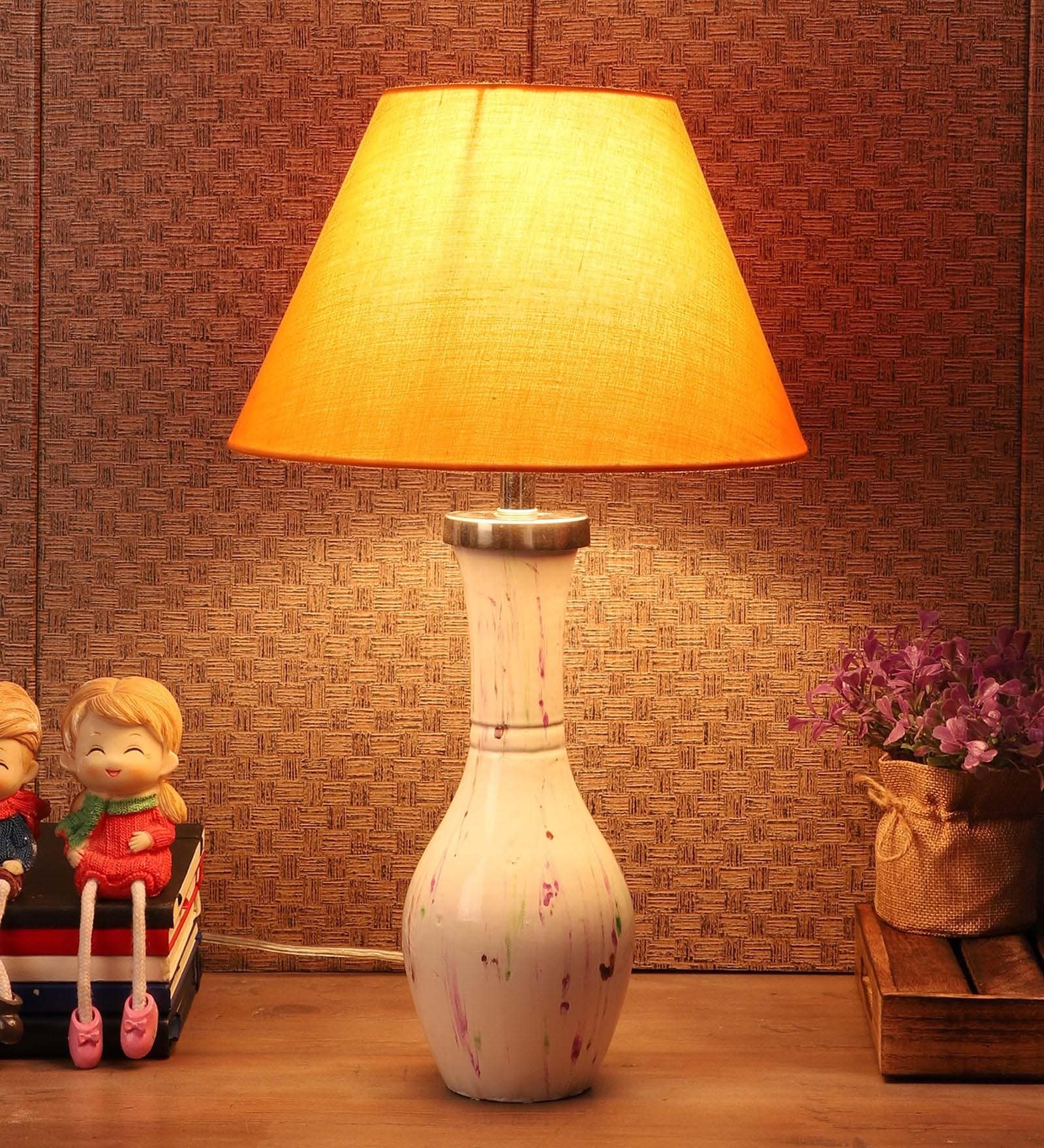Aera Orange Fabric Shade Table Lamp With Natural Base
