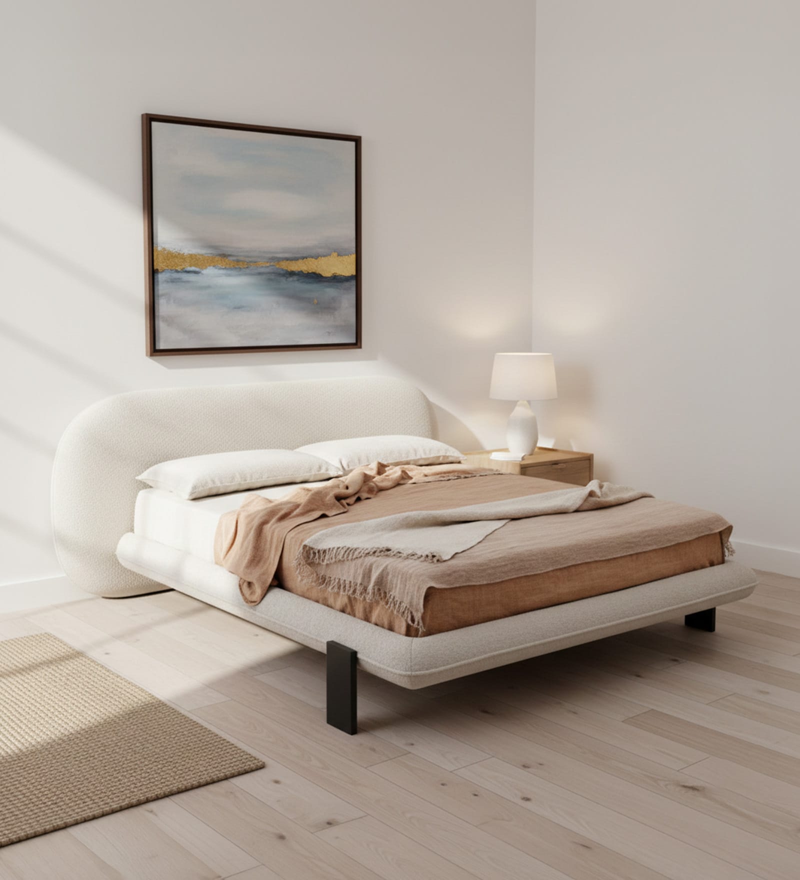 Aeris Cloudline Queen Size Bed in Boucle With Oak wood Frame