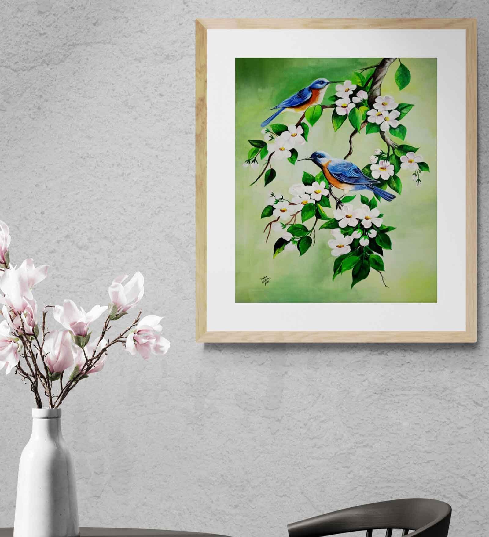 Aesthetic Blue Birds Handmade Acrylic Paint On Canvas Unframed