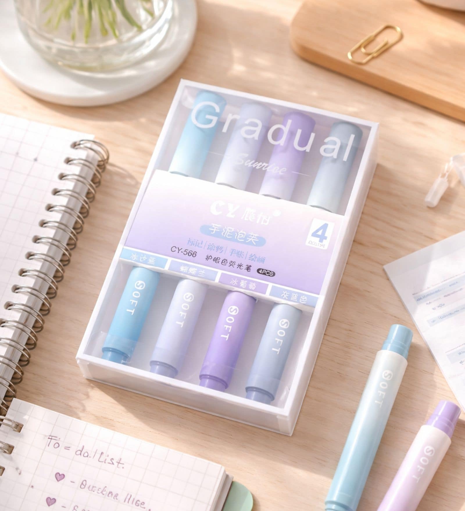 Set of 4 Aesthetic Cute Highlighter Pens No Bleed Markers with Chisel Tip