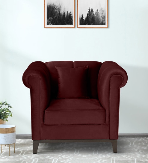 Aelber Velvet 1 Seater Sofa In Wine Red Colour