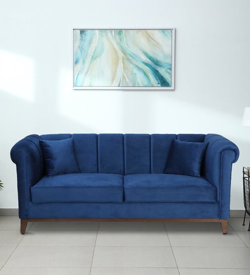 Aelber Velvet 3 Seater Sofa In Royal Blue Colour
