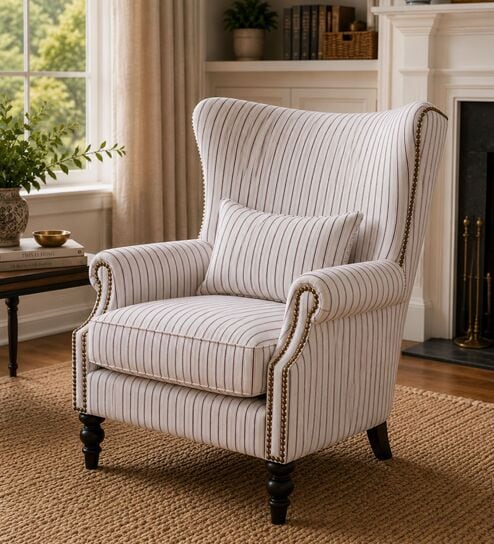 Aeron Teak Wood Wing Chair With Suede Fabric In White Colour