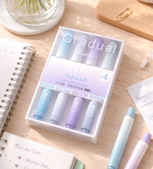 Set of 4 Aesthetic Cute Highlighter Pens No Bleed Markers with Chisel Tip