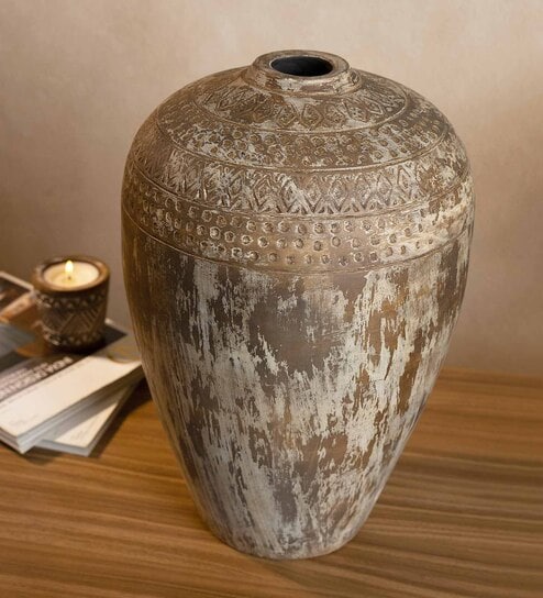 (1Pc) Beige & Brown Terracotta Flower Vase For Living Room Decor