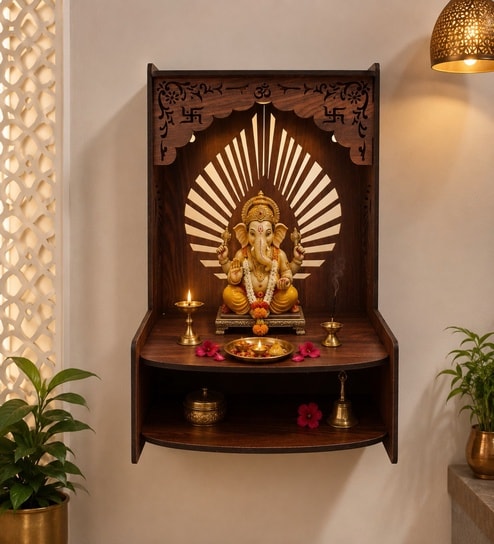 Aesthetic Wooden Temple for Home with Spacious Shelf & Inbuilt Focus Lights