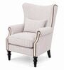 Aeron Teak Wood Wing Chair With Suede Fabric In White Colour Aeron Teak Wood Wing Chair With Suede Fabric In White Colour