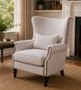 Aeron Teak Wood Wing Chair With Suede Fabric In White Colour Aeron Teak Wood Wing Chair With Suede Fabric In White Colour
