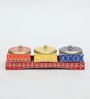 AESTHETIC MDF DRY FRUIT TRAY WITH 3 STAINLESS STEEL BOXES , HANDPAINTED , EASYCLEAN