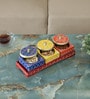 AESTHETIC MDF DRY FRUIT TRAY WITH 3 STAINLESS STEEL BOXES , HANDPAINTED , EASYCLEAN