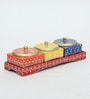 AESTHETIC MDF DRY FRUIT TRAY WITH 3 STAINLESS STEEL BOXES , HANDPAINTED , EASYCLEAN