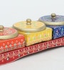 AESTHETIC MDF DRY FRUIT TRAY WITH 3 STAINLESS STEEL BOXES , HANDPAINTED , EASYCLEAN