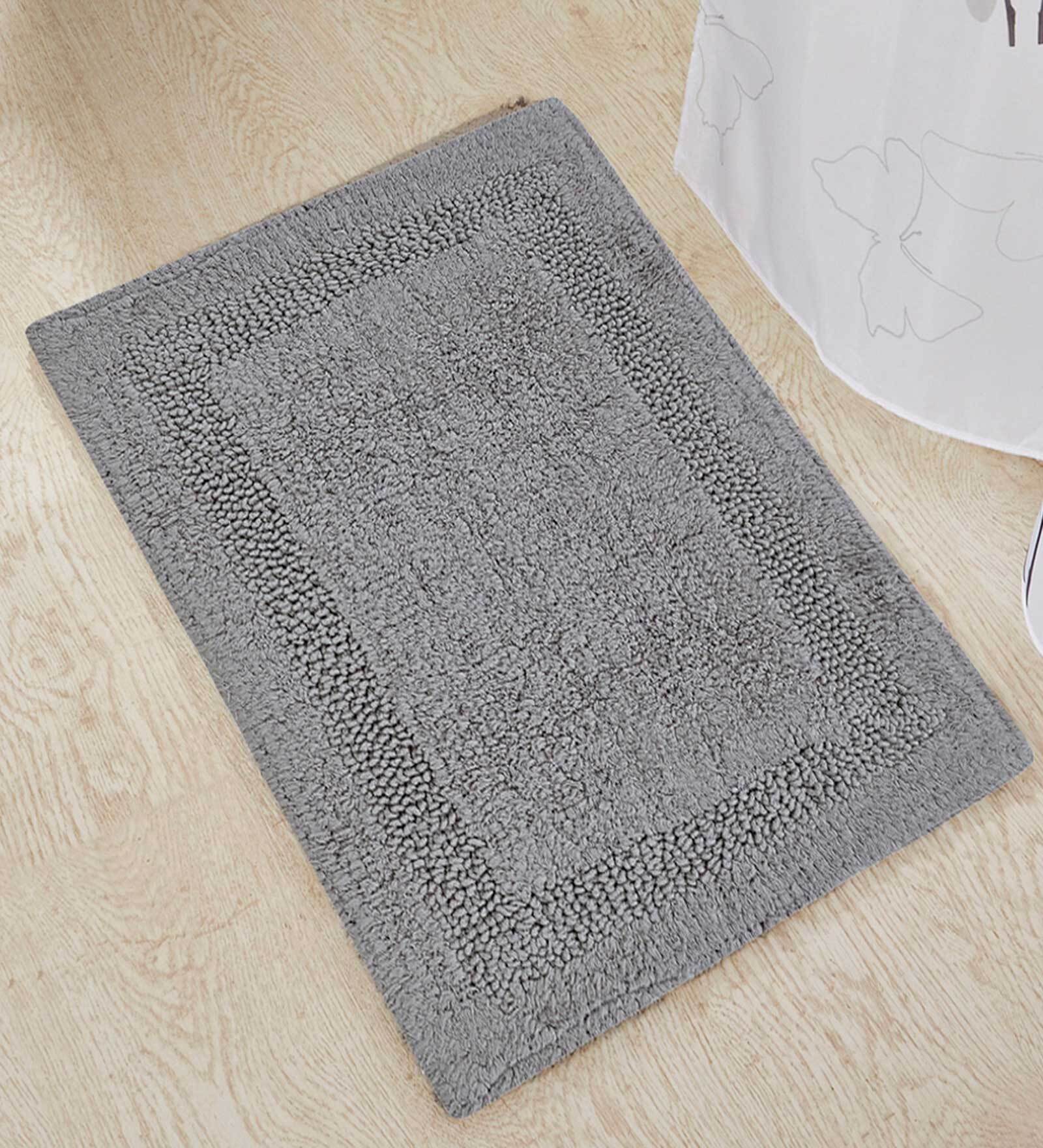 Grey Solid Shaggy Cotton 16x14 Inches AntiSkid Bath Mat