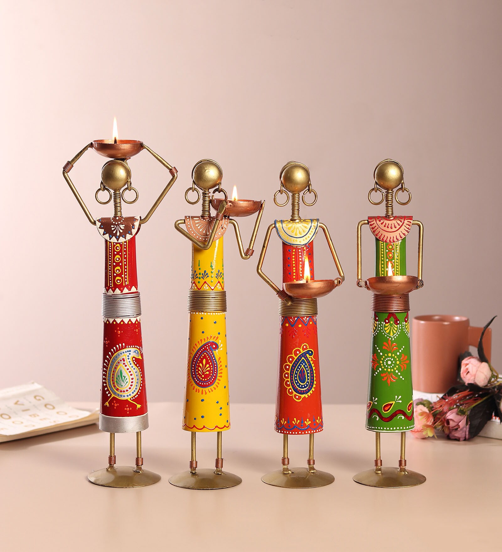 Set Of 4 Multicolor Metal African Tribal Tea Light Holder
