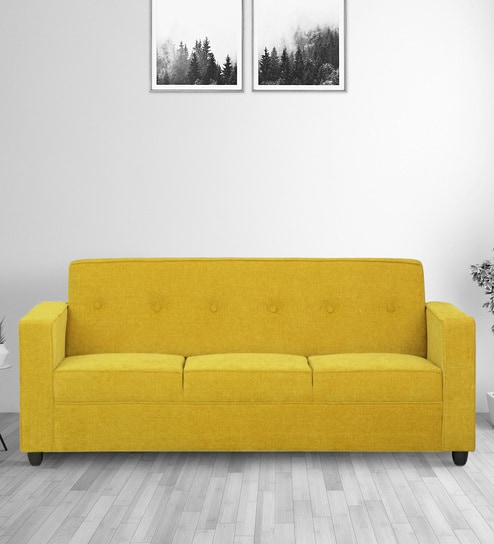 Affan Fabric 3 Seater Sofa in Lemon Yellow Colour