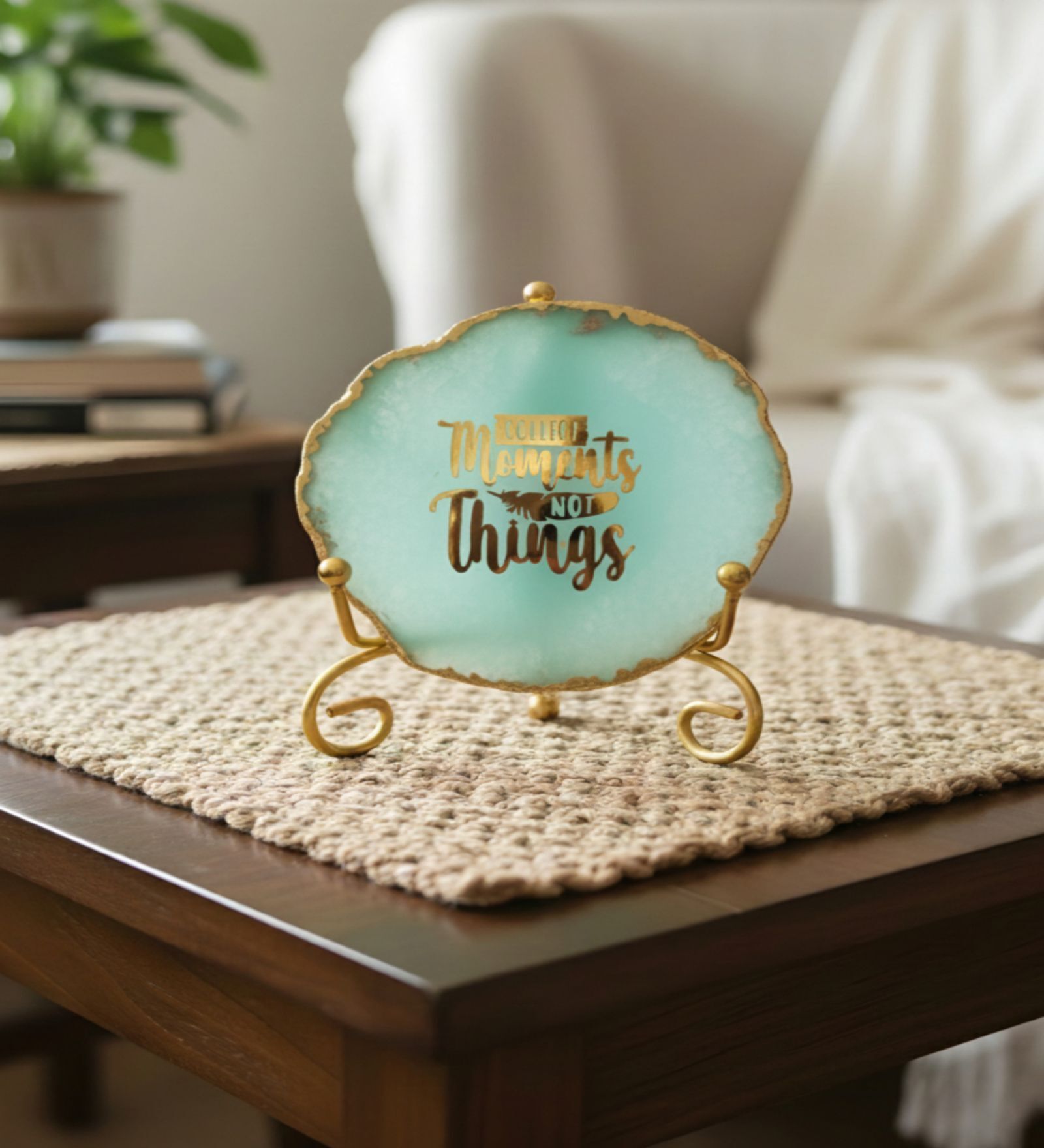 Agate Collect Moments Not Things Showpiece With Metal Stand Turquoise