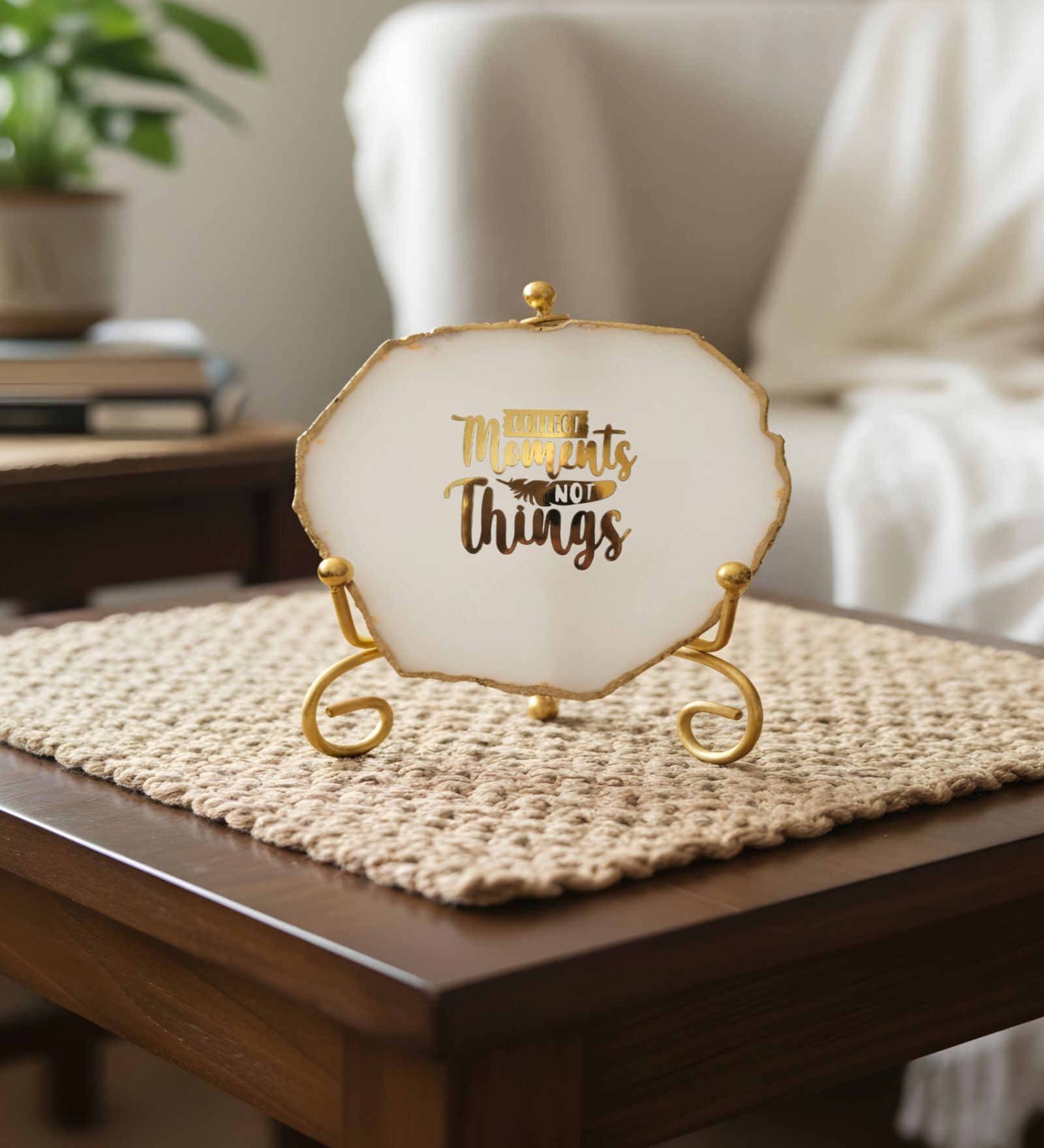 Agate Collect Moments Not Things Showpiece With Metal Stand White