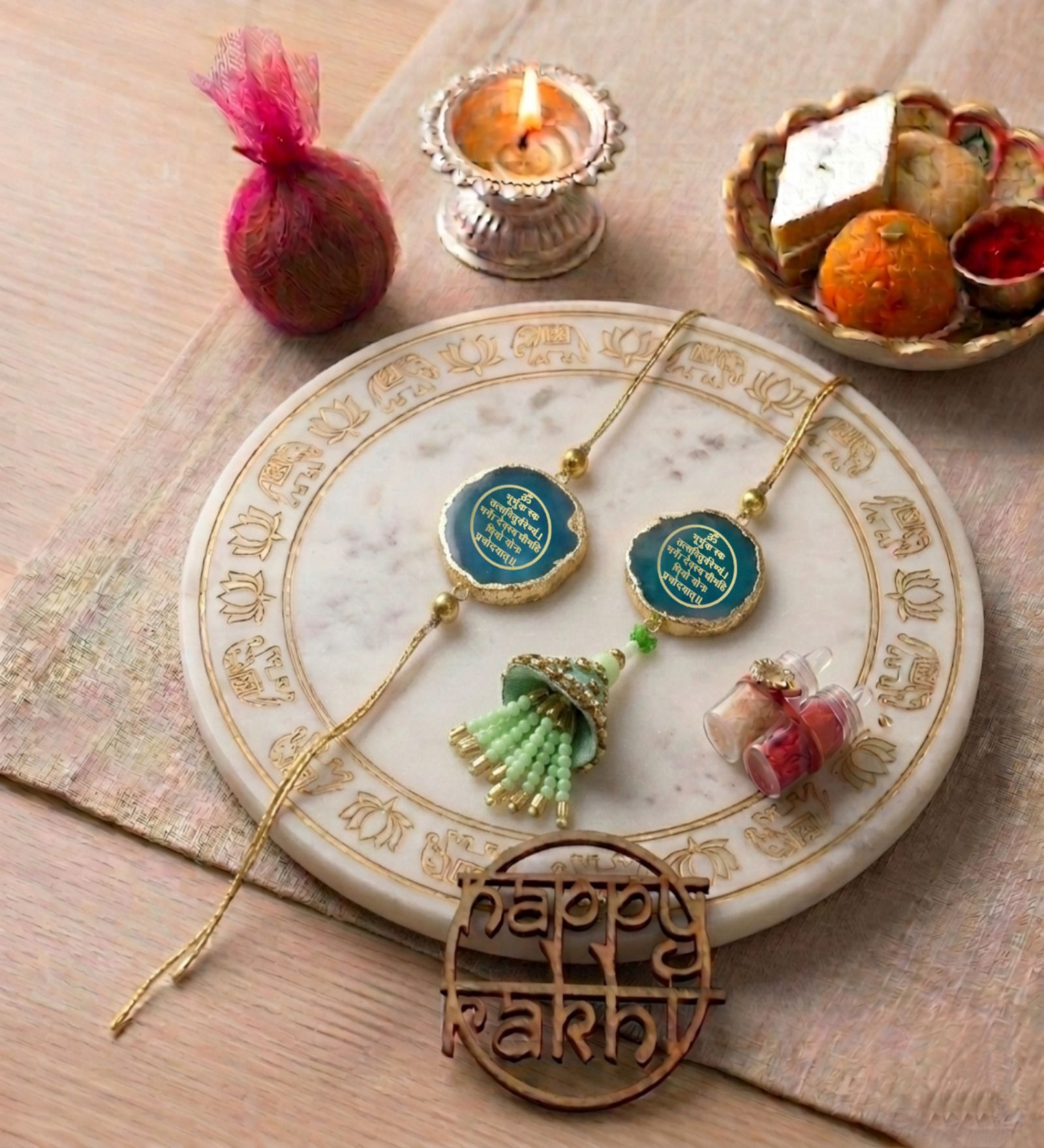 Agate Green Gaytri Mantra Lumba Rakhi Set With Roli Chawal and Nariyal With Gift Box
