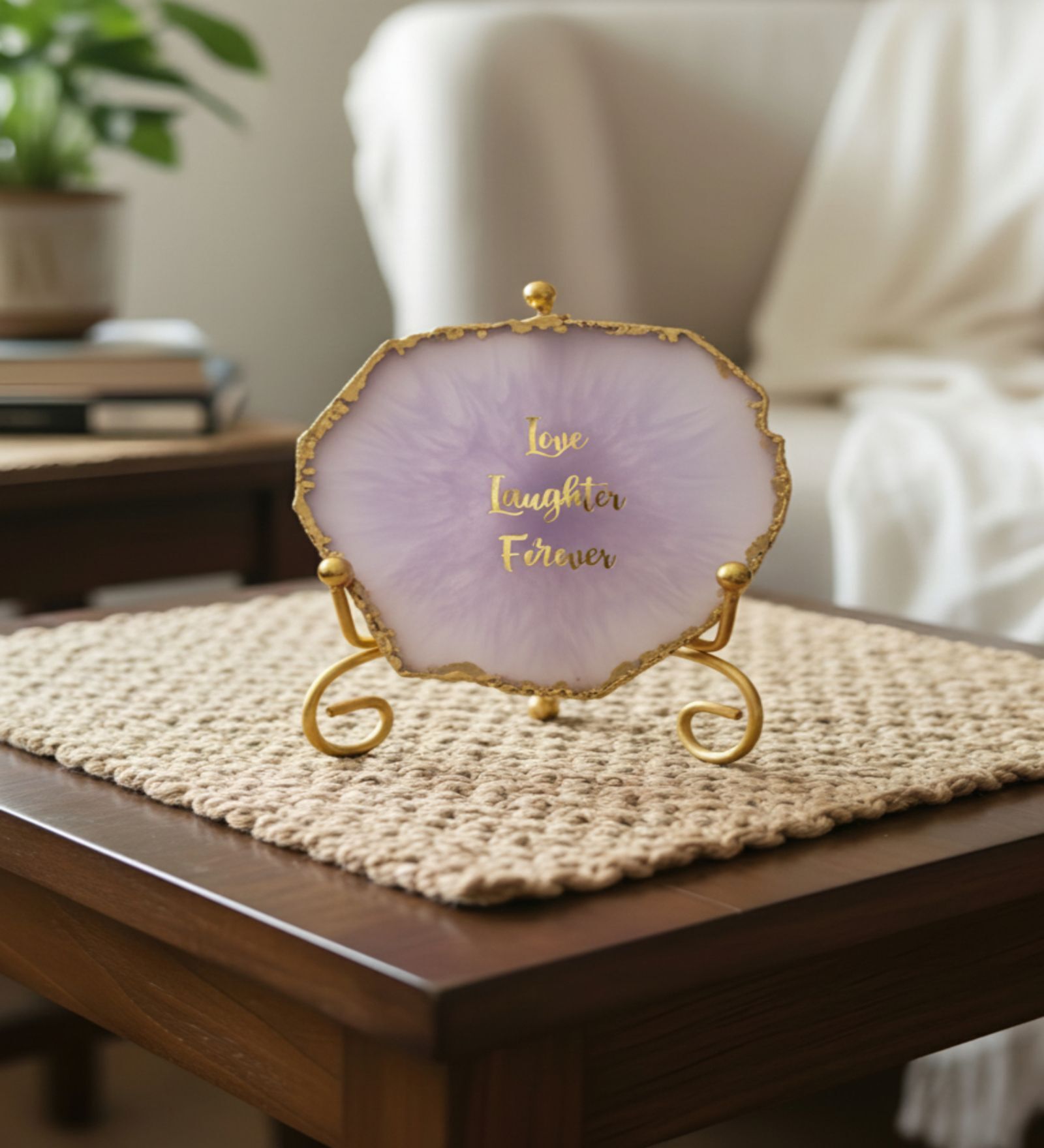 Agate Love Laughter Forever Showpiece With Metal Stand Purple