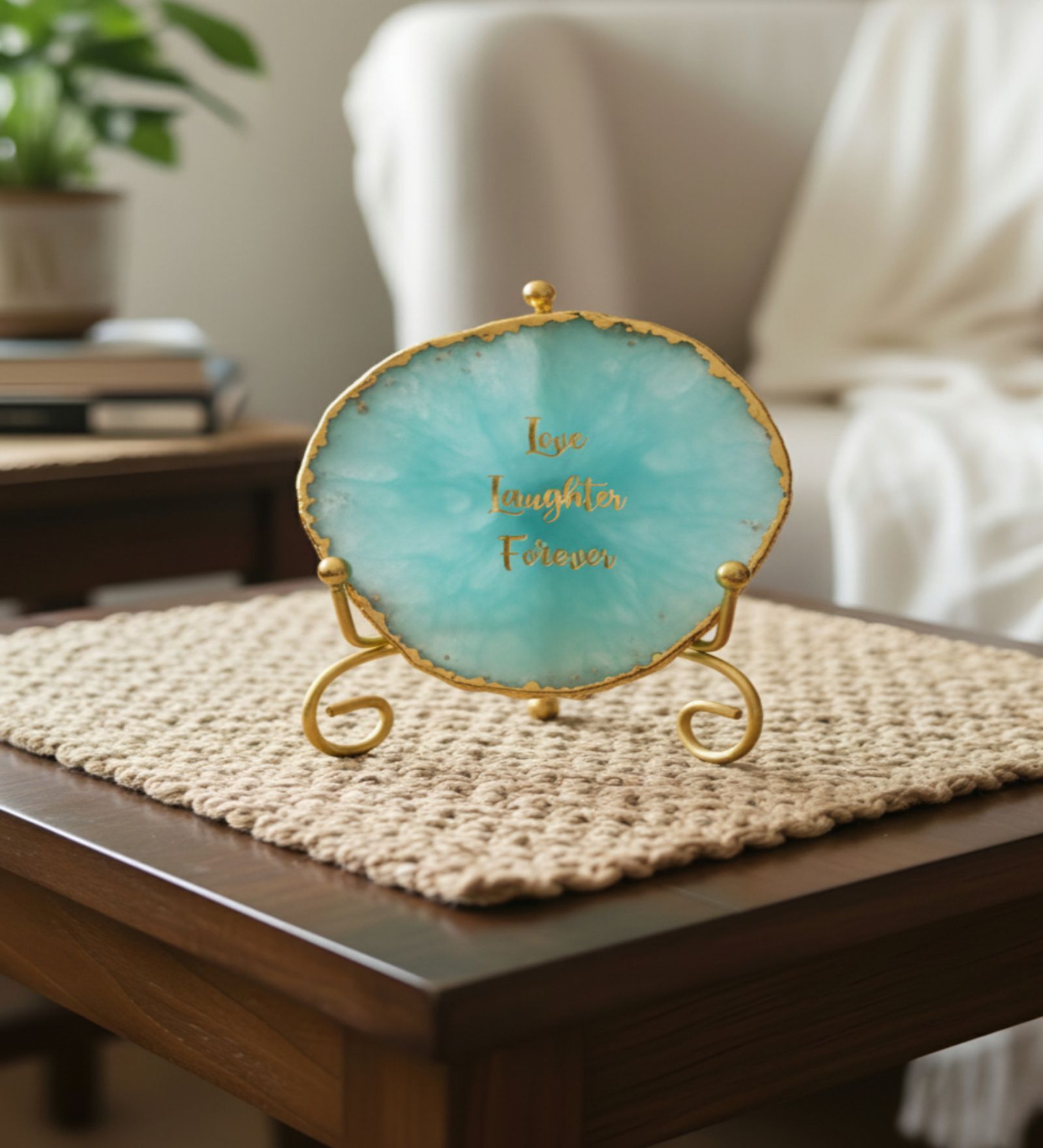 Agate Love Laughter Forever Showpiece With Metal Stand Turquoise