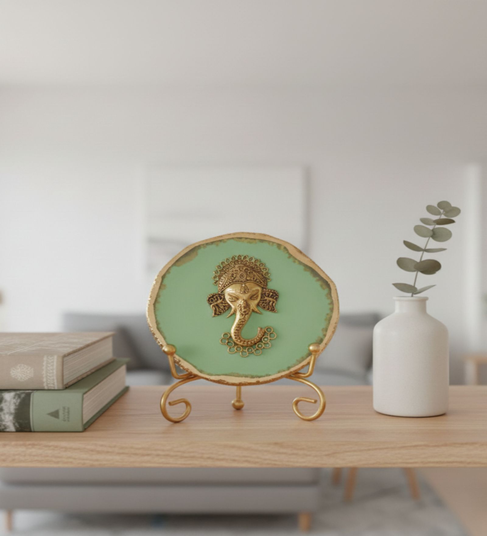 Agate Metal Ganesha Showpiece With Metal Stand Green