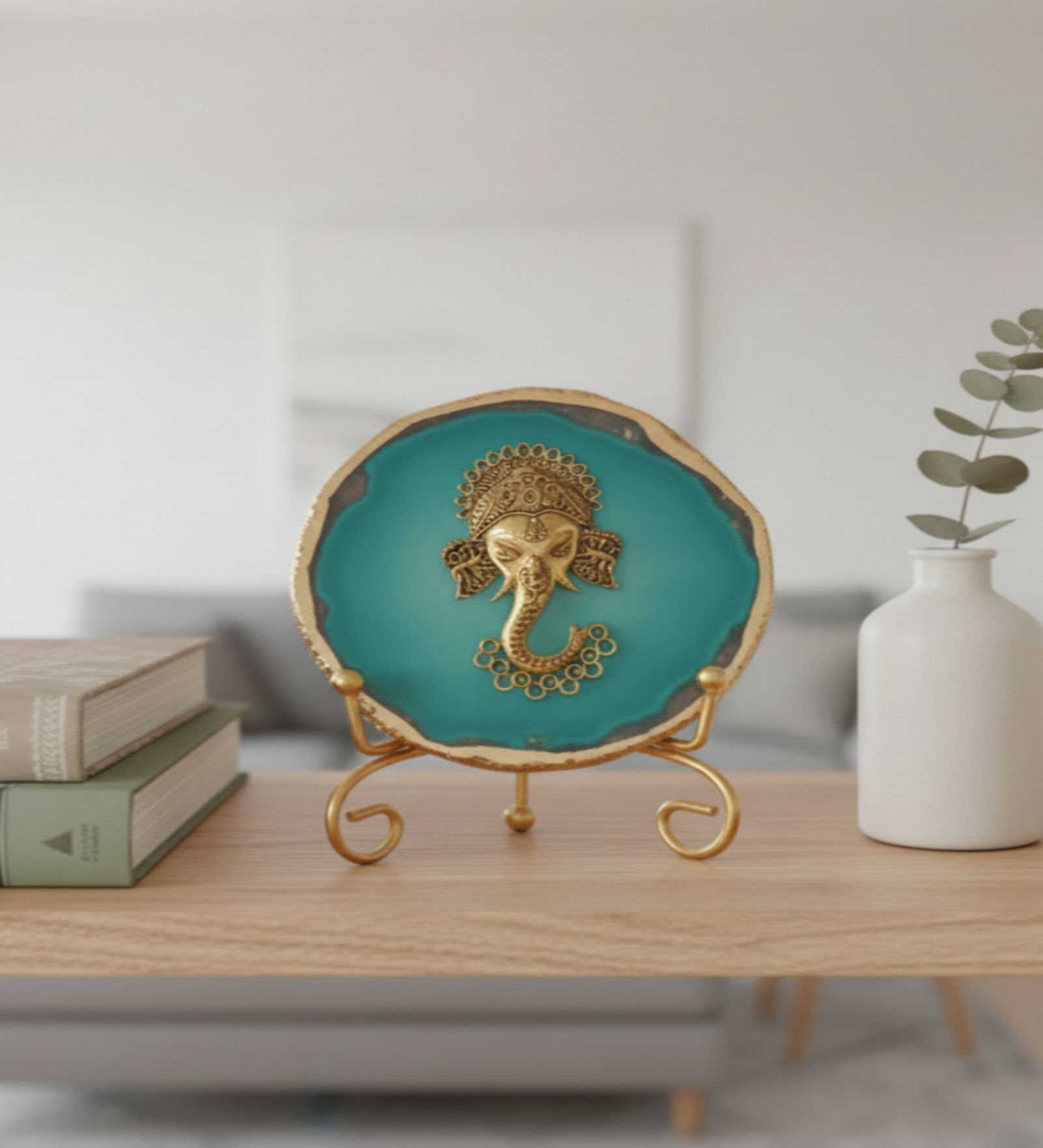 Agate Metal Ganesha Showpiece With Metal Stand Turquoise