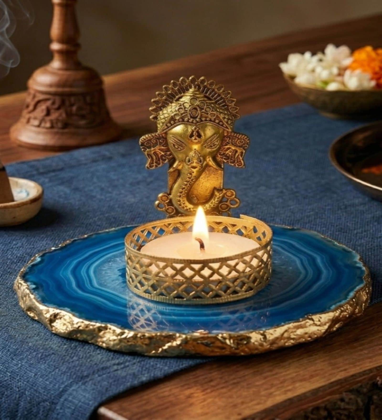 Blue Agate Metal Ganesha Tealight Holder
