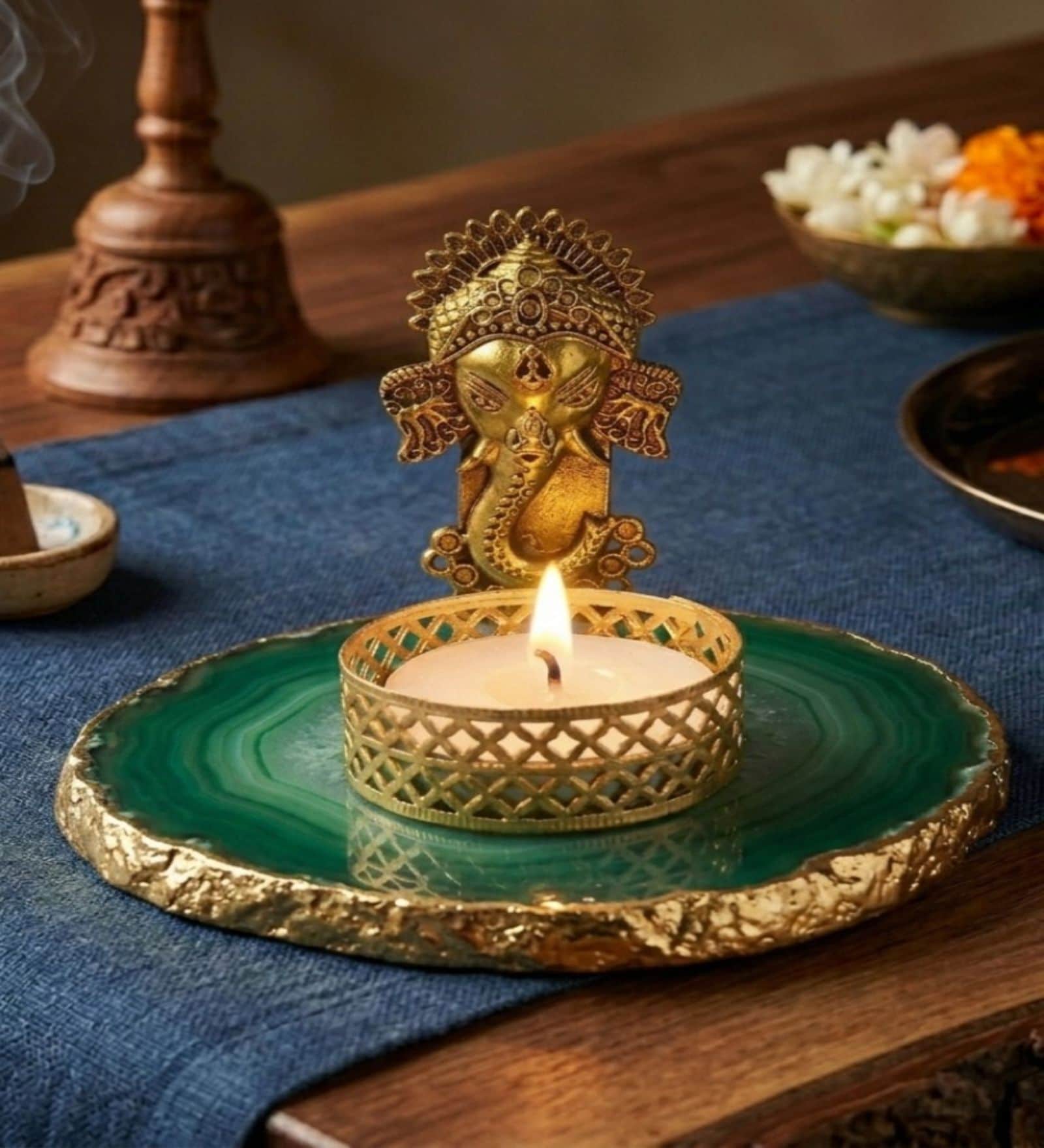 Green Agate Metal Ganesha Tealight Holder