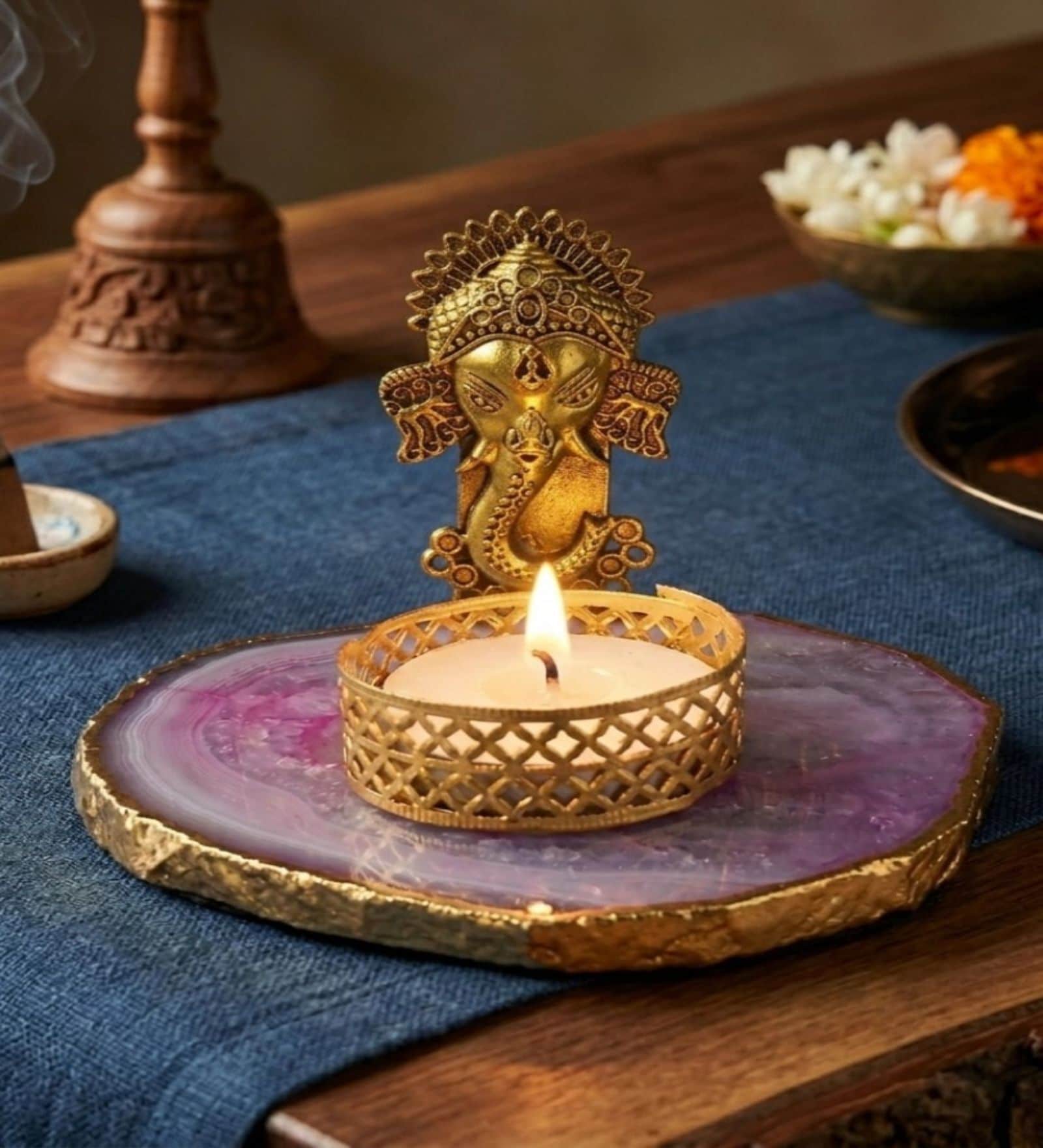Pink Agate Metal Ganesha Tealight Holder