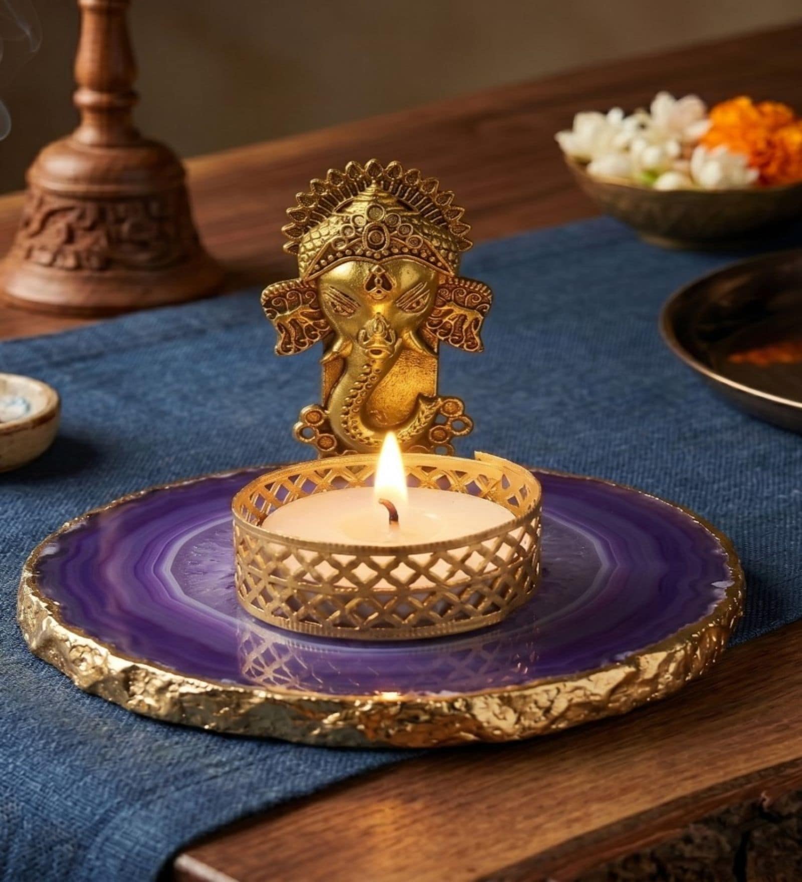 Purple Agate Metal Ganesha Tealight Holder