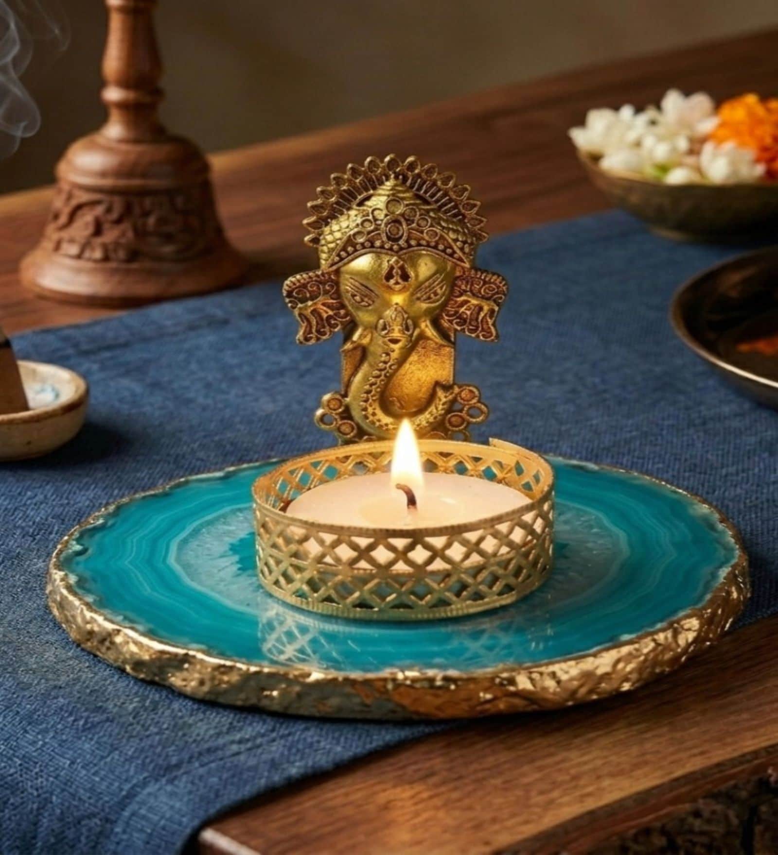 Turquoise Agate Metal Ganesha Tealight Holder