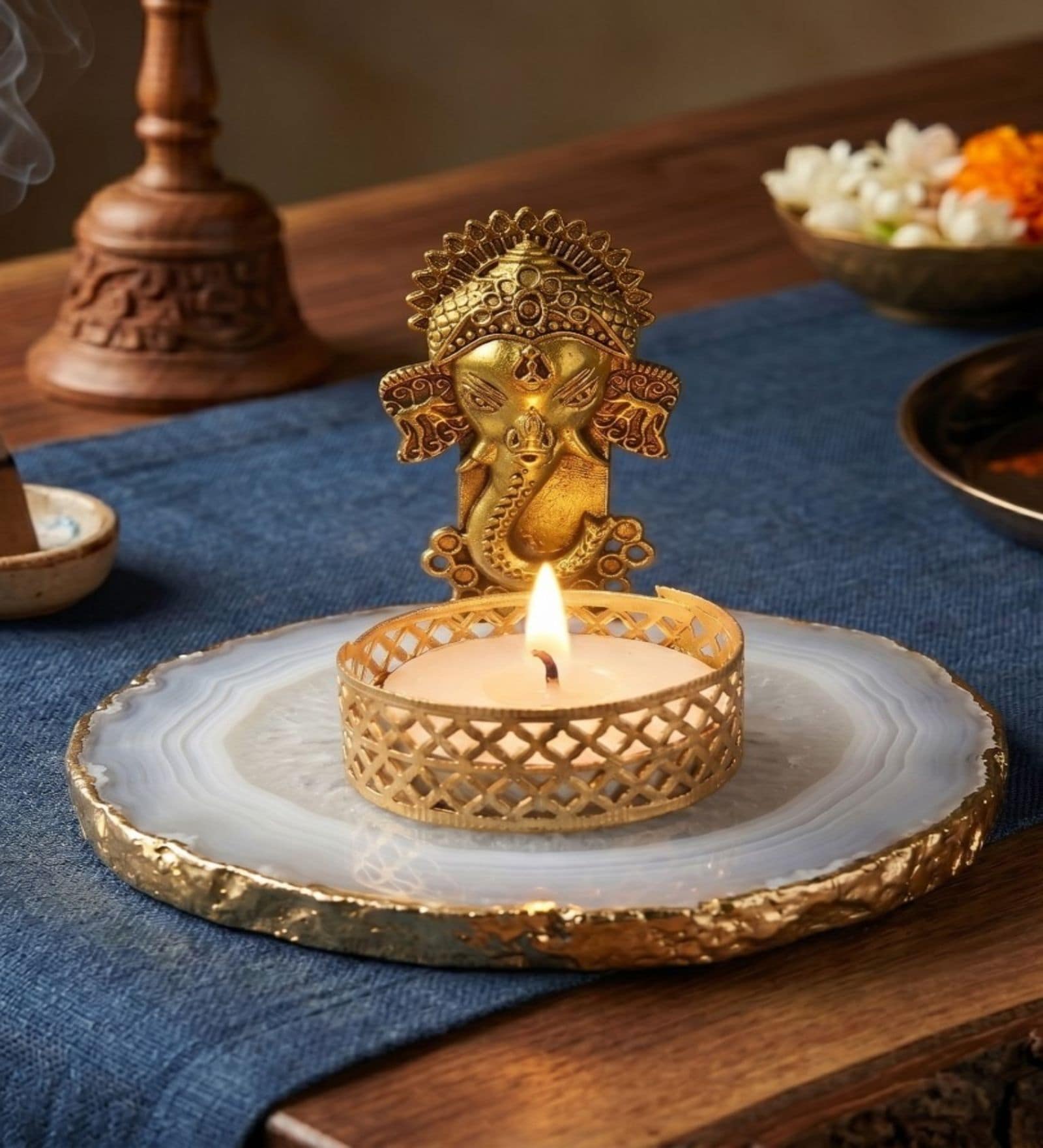 White Agate Metal Ganesha Tealight Holder