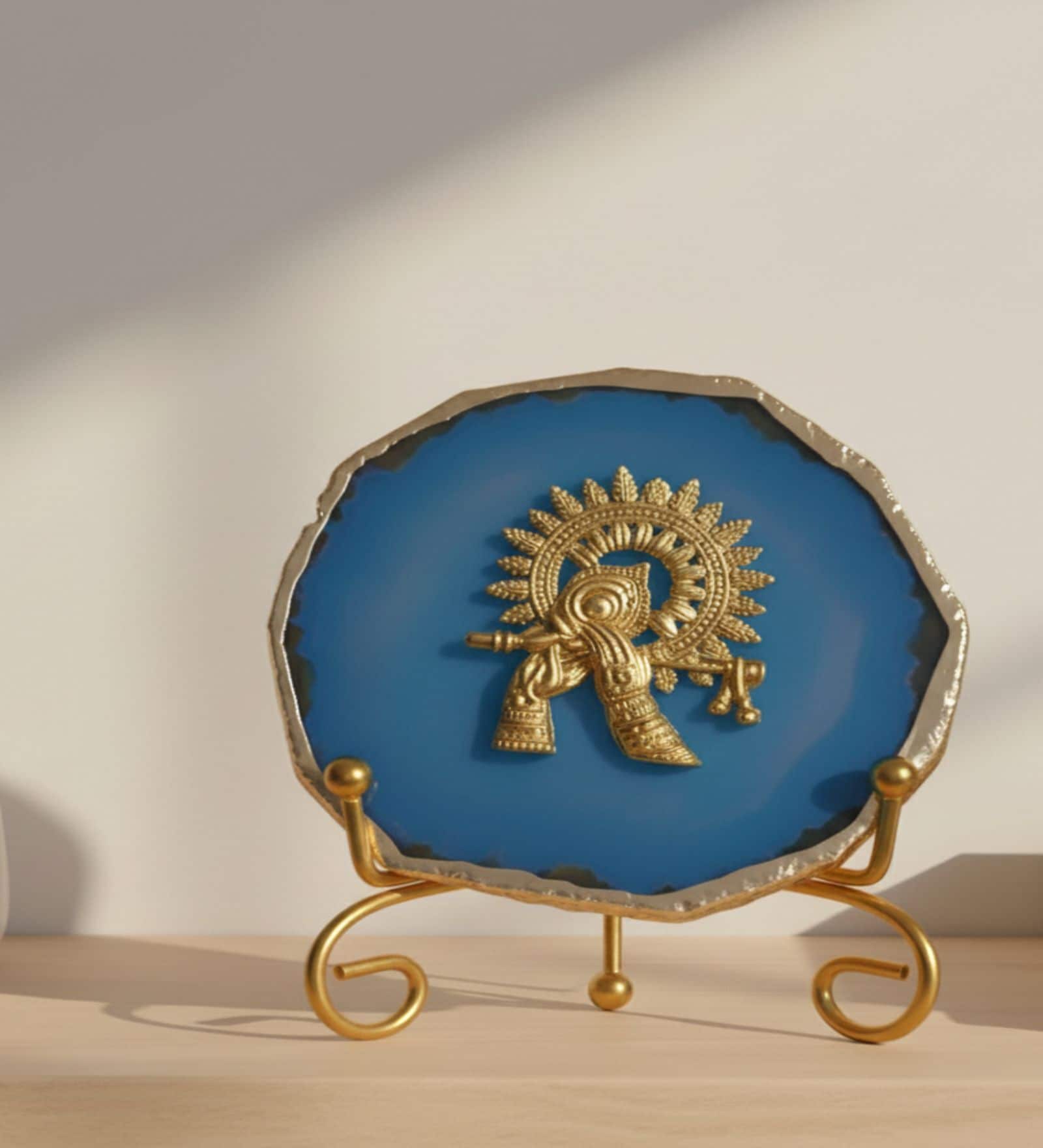 Agate Metal Krishna Showpiece With Metal Stand Blue