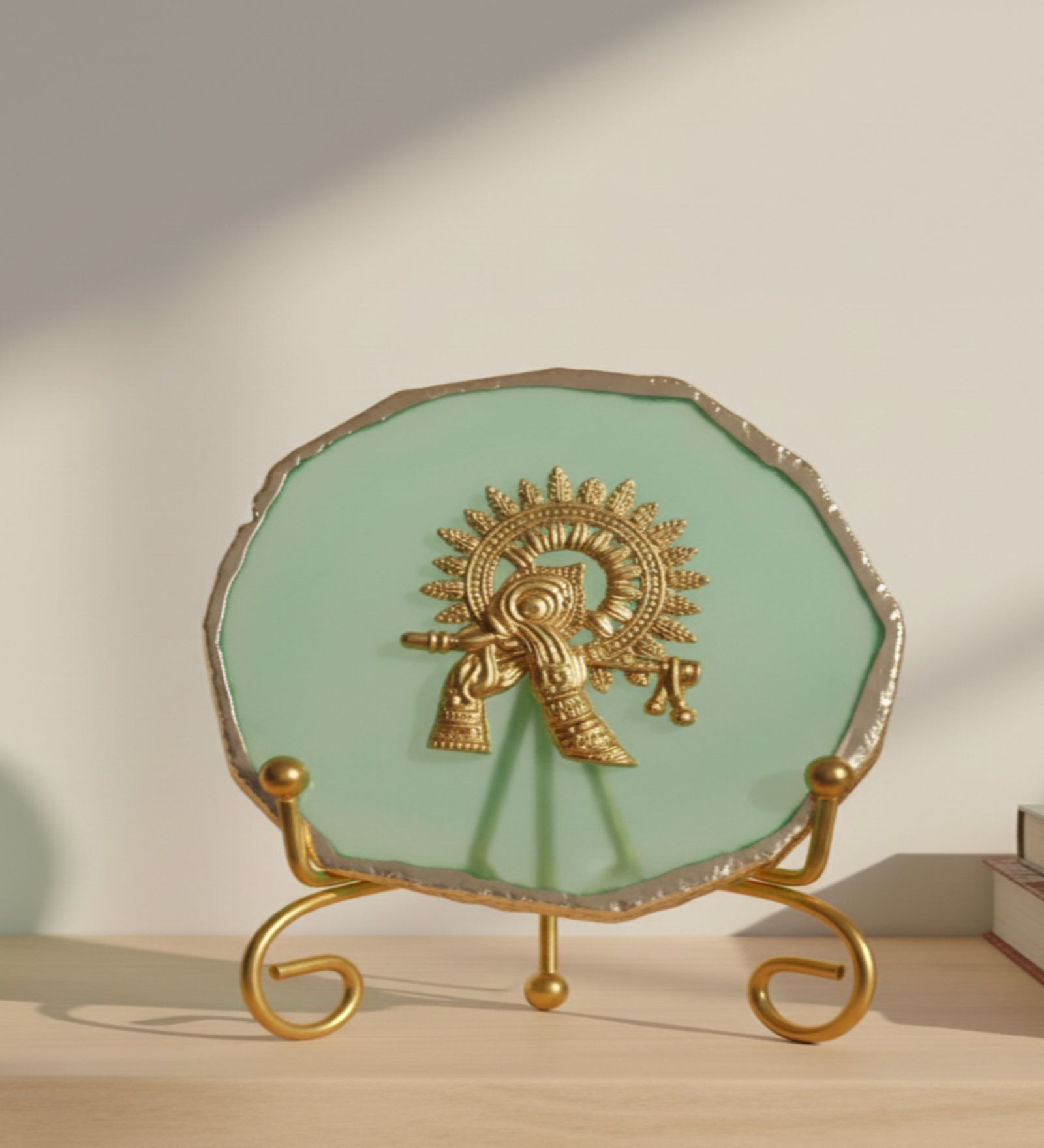 Agate Metal Krishna Showpiece With Metal Stand Green
