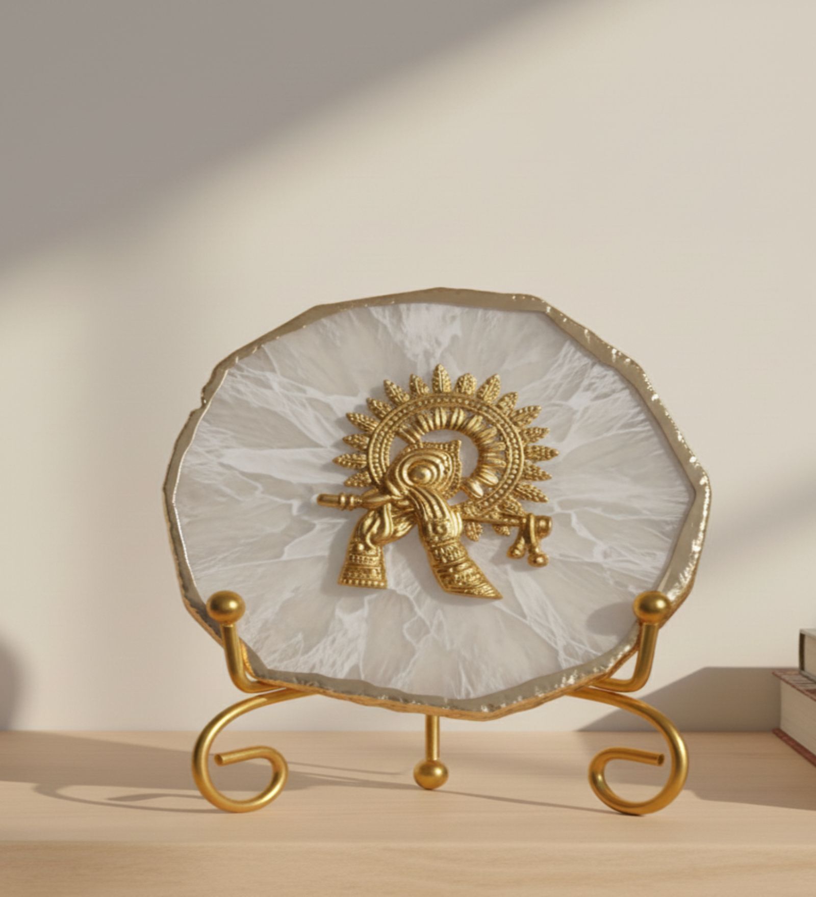 Agate Metal Krishna Showpiece With Metal Stand White