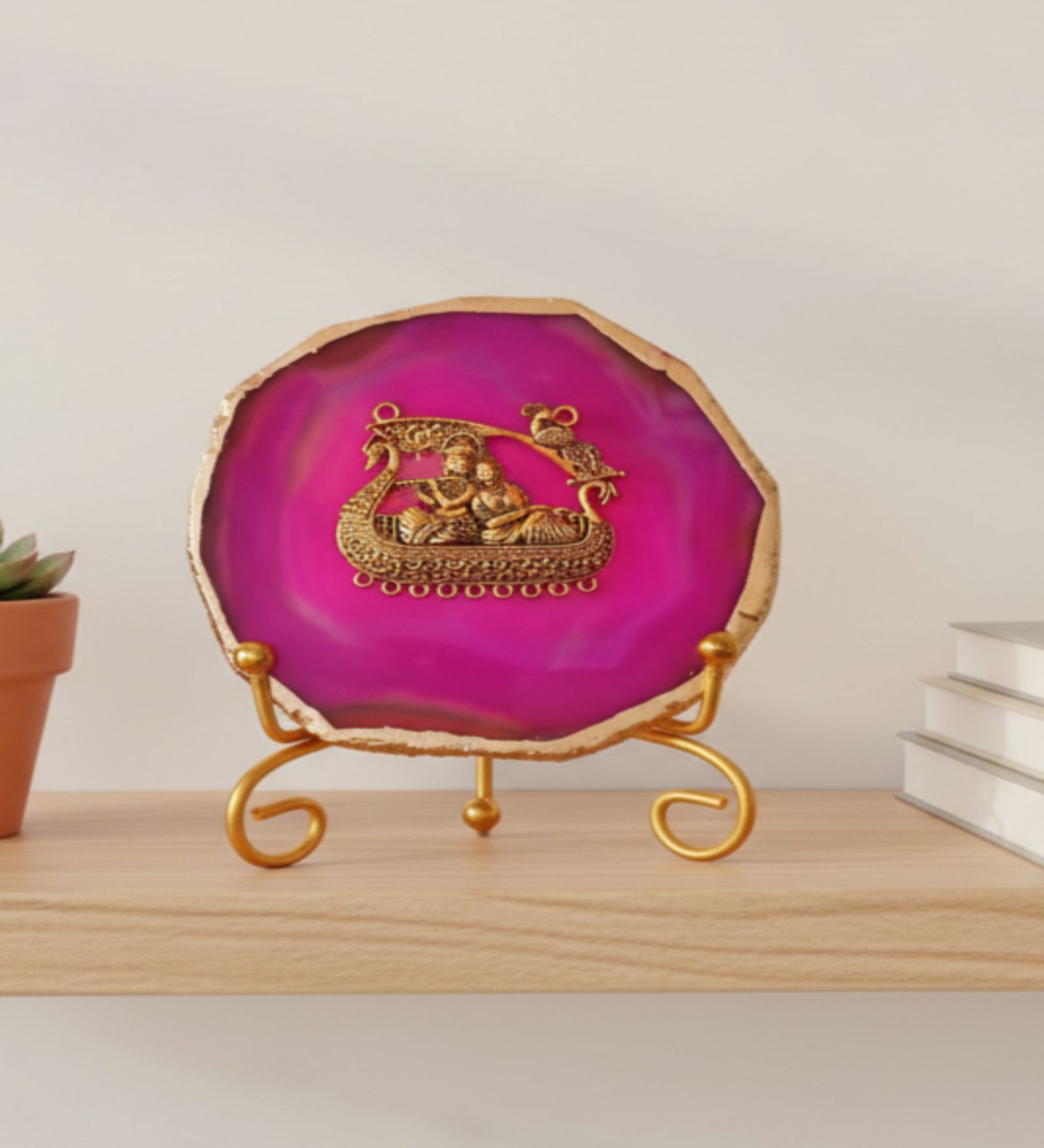 Agate Metal Radha Krishna Showpiece With Metal Stand Pink