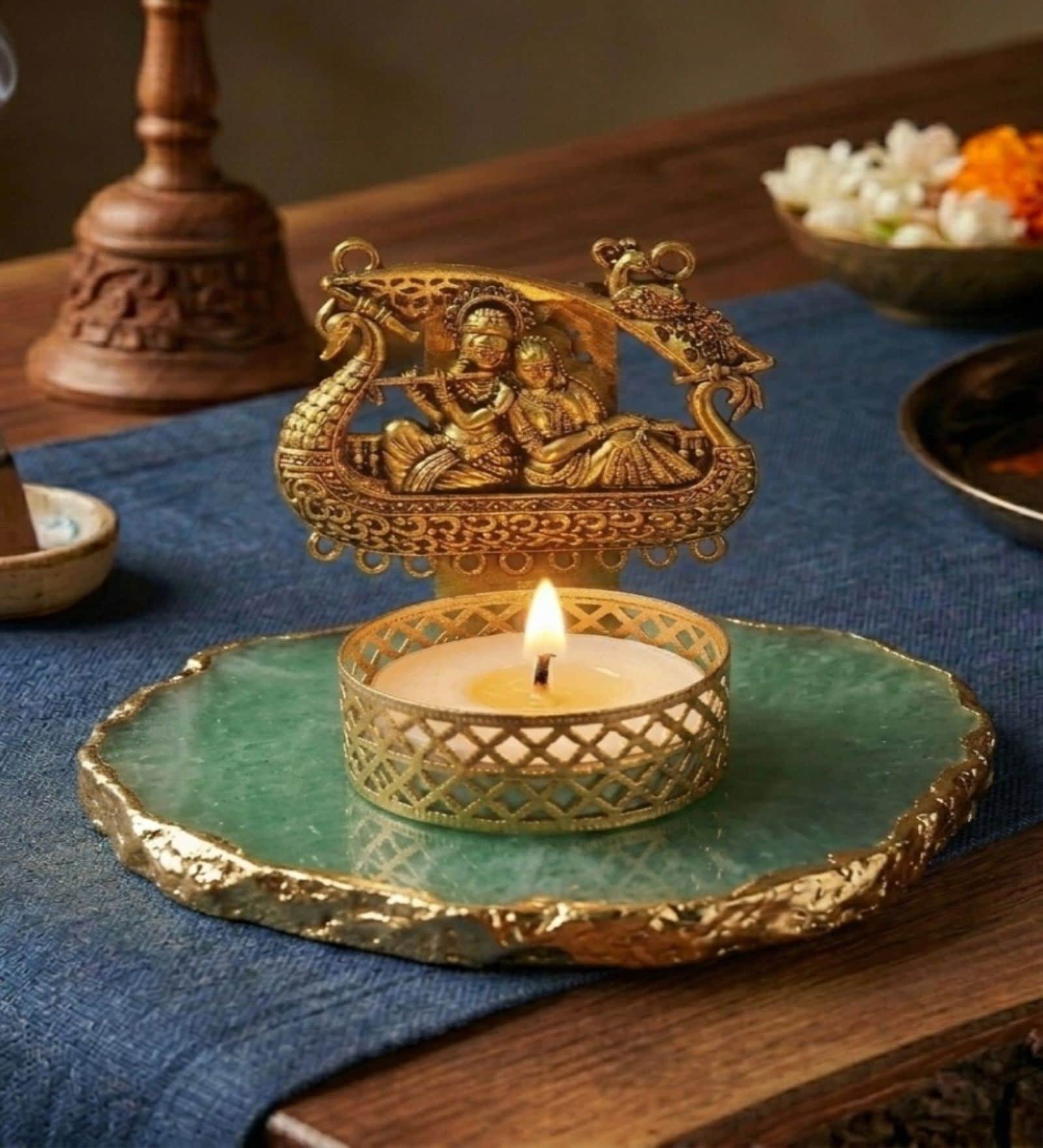Green Agate Metal Radha Krishna Tealight Holder
