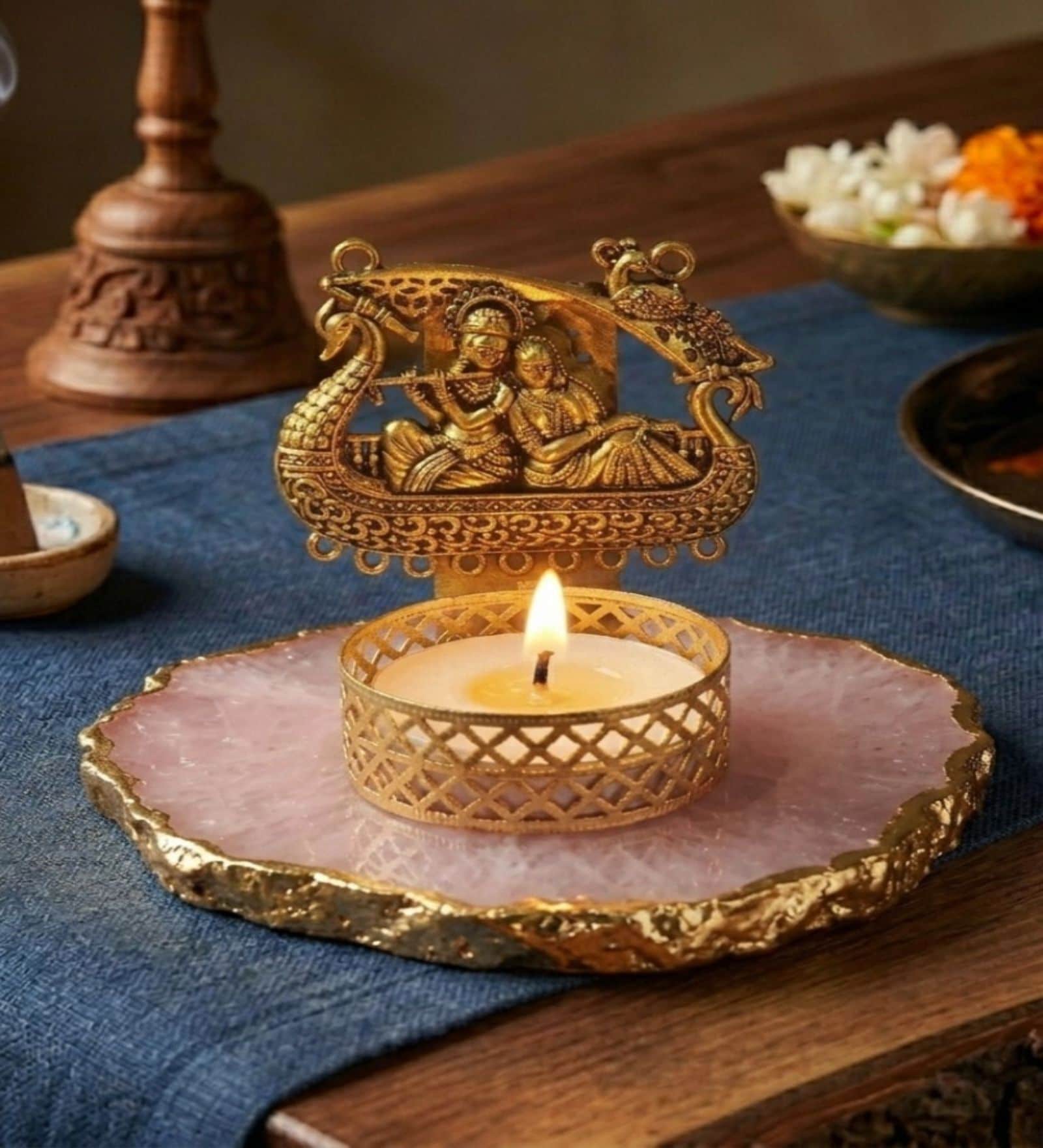Pink Agate Metal Radha Krishna Tealight Holder