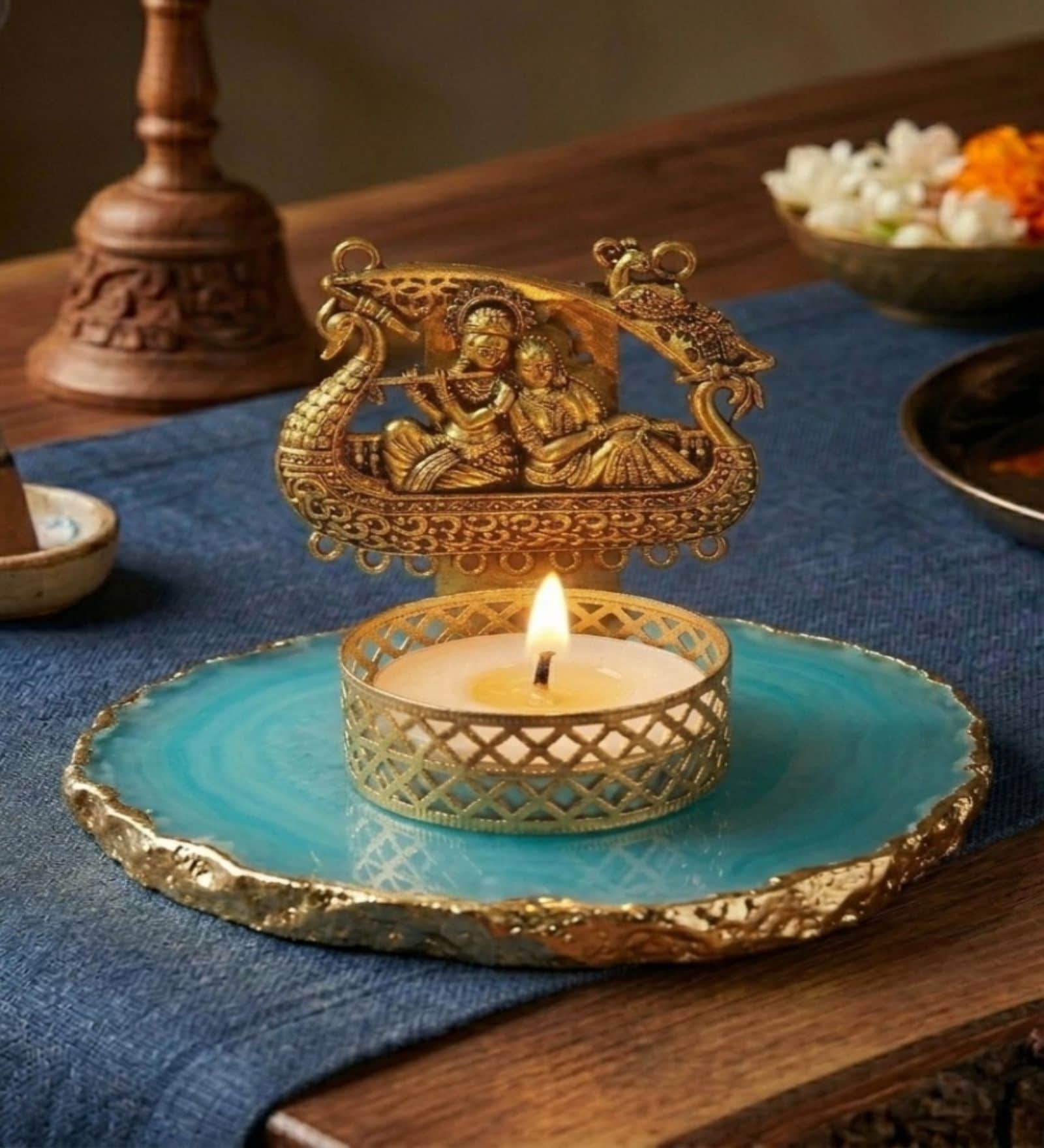 Turquoise Agate Metal Radha Krishna Tealight Holder