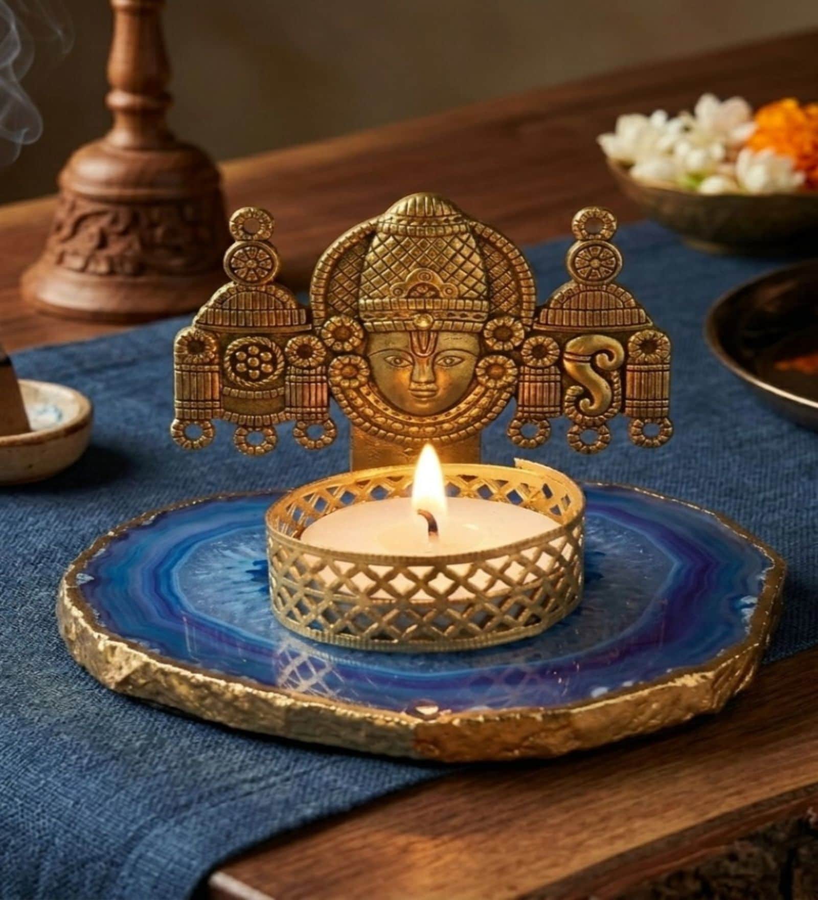 Blue Agate Metal Vankateshwer Tealight Holder